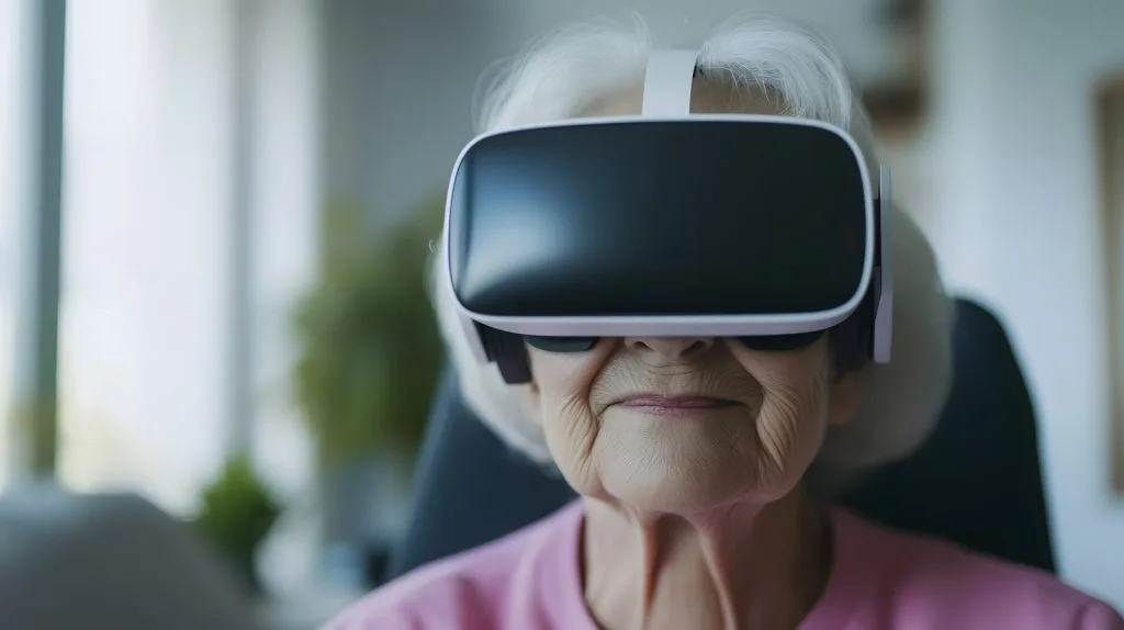 Older woman using virtual reality headset indoors