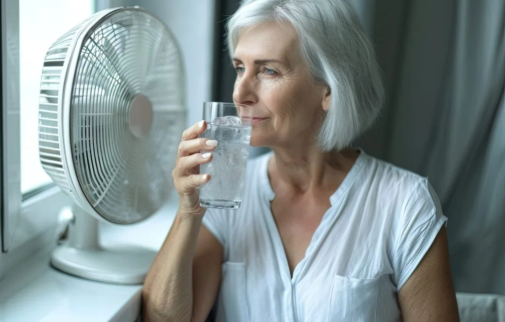 Woman cooling off with water near fan